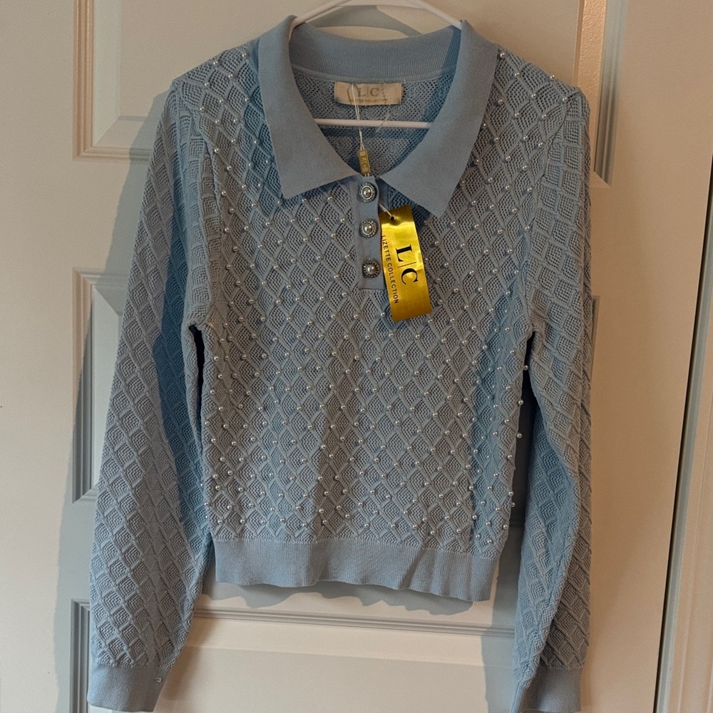 LC Light Blue Embellished Polo Sweater - Women's Crew